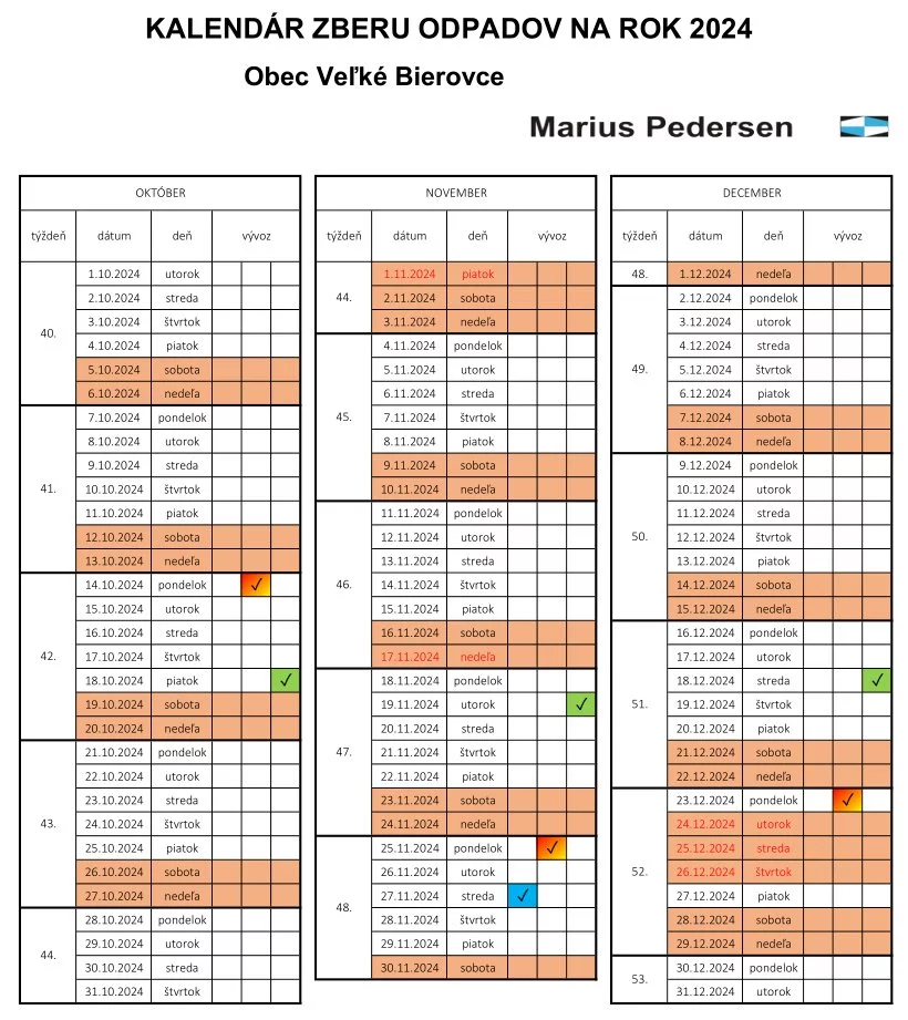 Kalendár zberu odpadov na rok 2024 (október, november, december) pre Veľké Bierovce