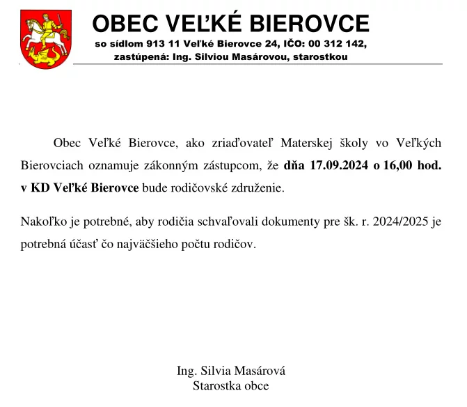 MŠ Veľké Bierovce - rodičovské združenie - 17.09.2024