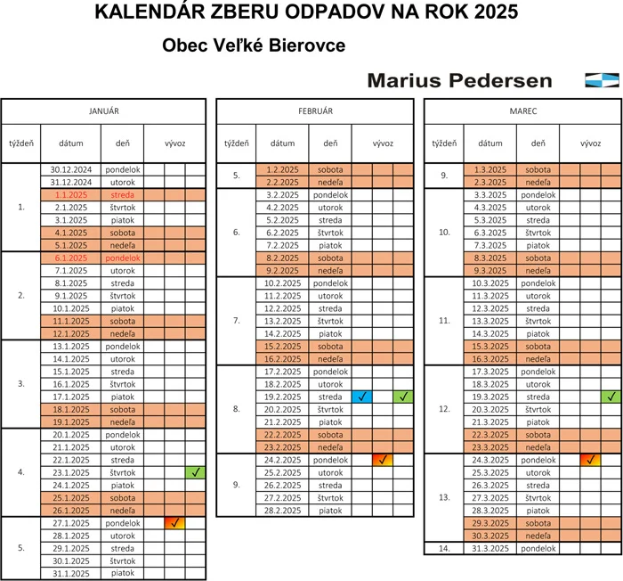 Kalendár zberu odpadov na rok 2025 (január, február, marec) pre Veľké Bierovce